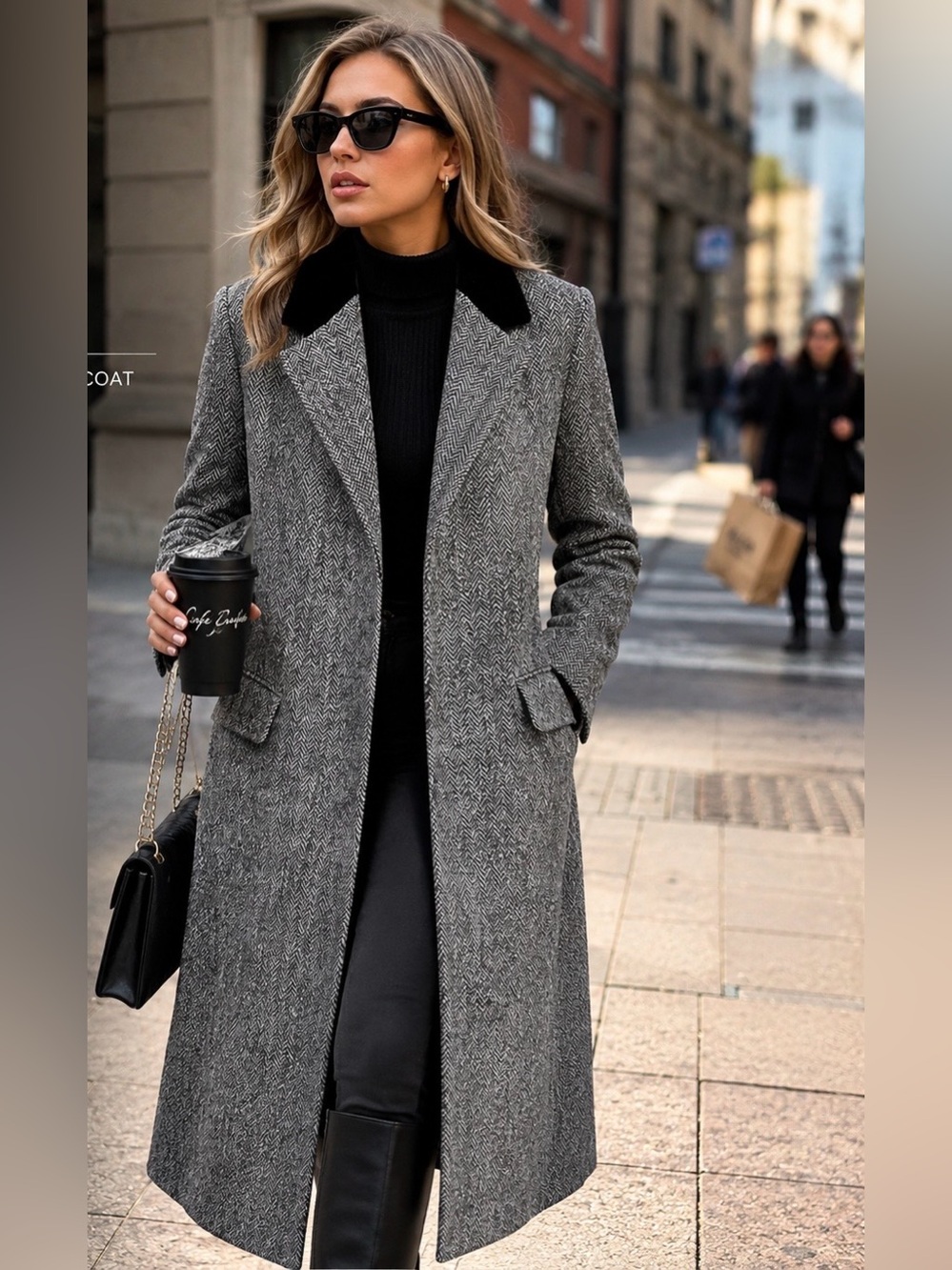 Cricketeer Women's Grey Herringbone Wool Coat with Black Velvet Collar